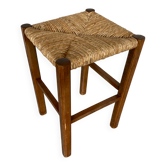 Antique Carved Wood Stool + Vintage Straw Seat #E099