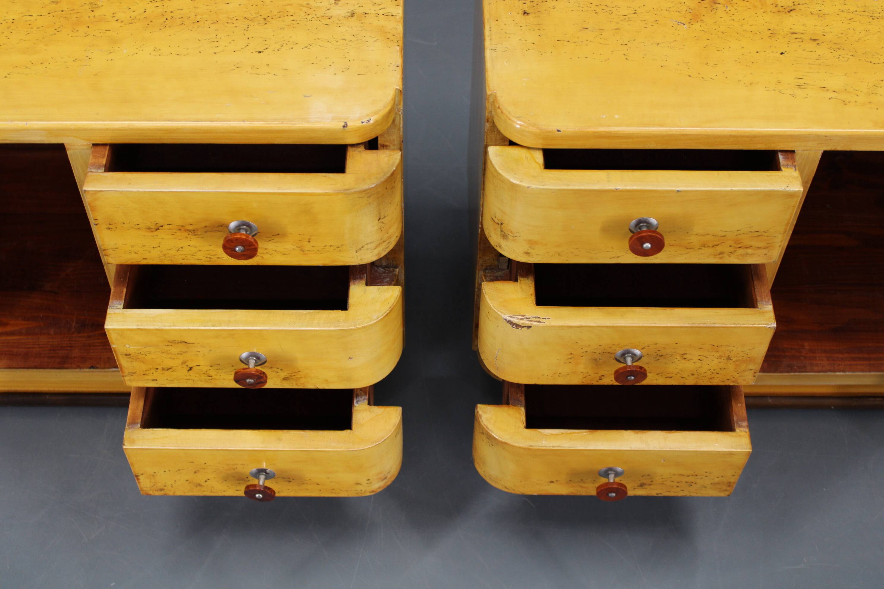 Pair of 1940s Czechoslovak Art Deco nightstands with painted maple imitation finish