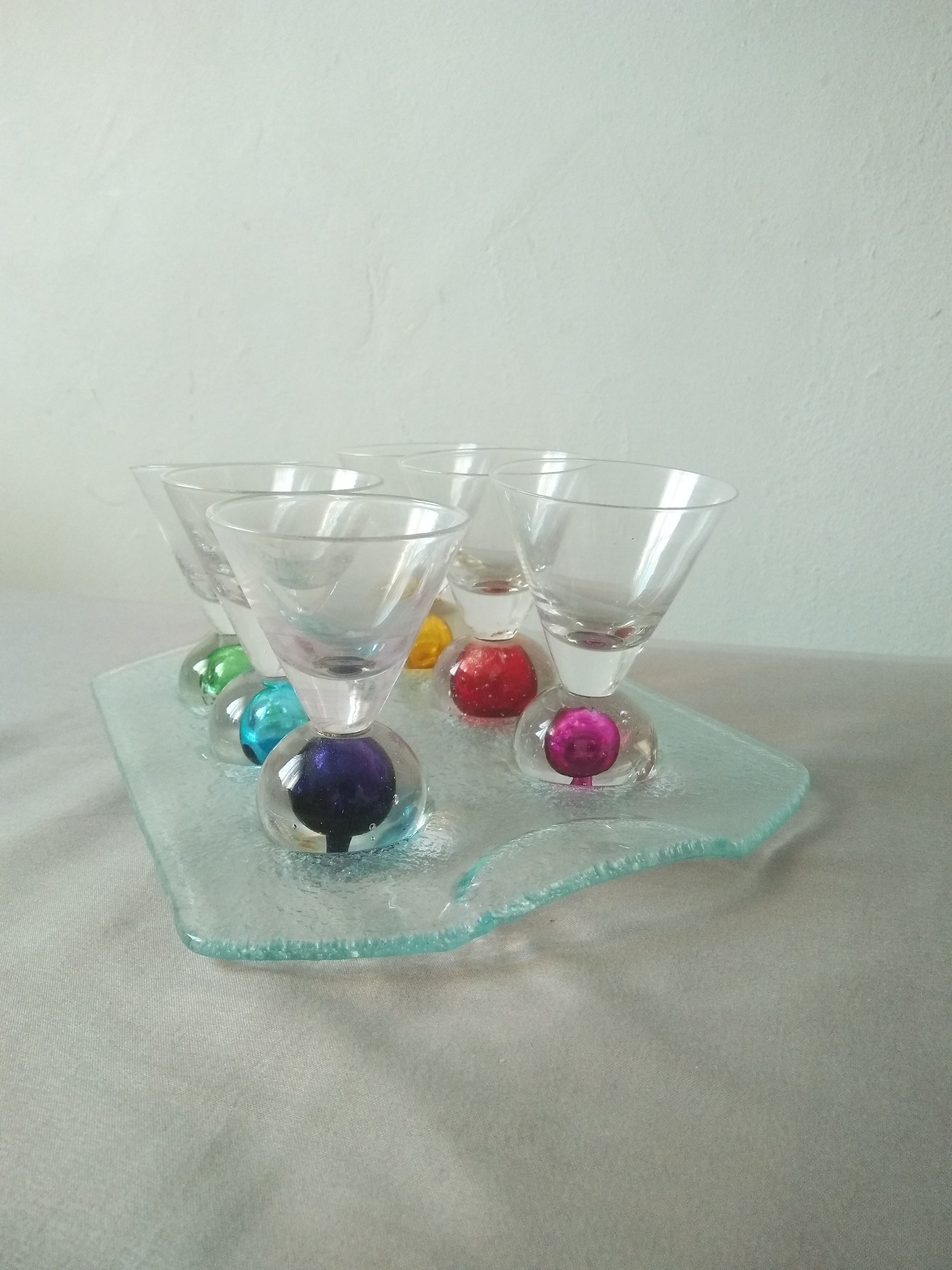 Box 6 liqueur glasses, colored ball base + serving tray, new