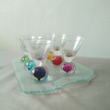 Box 6 liqueur glasses, colored ball base + serving tray, new