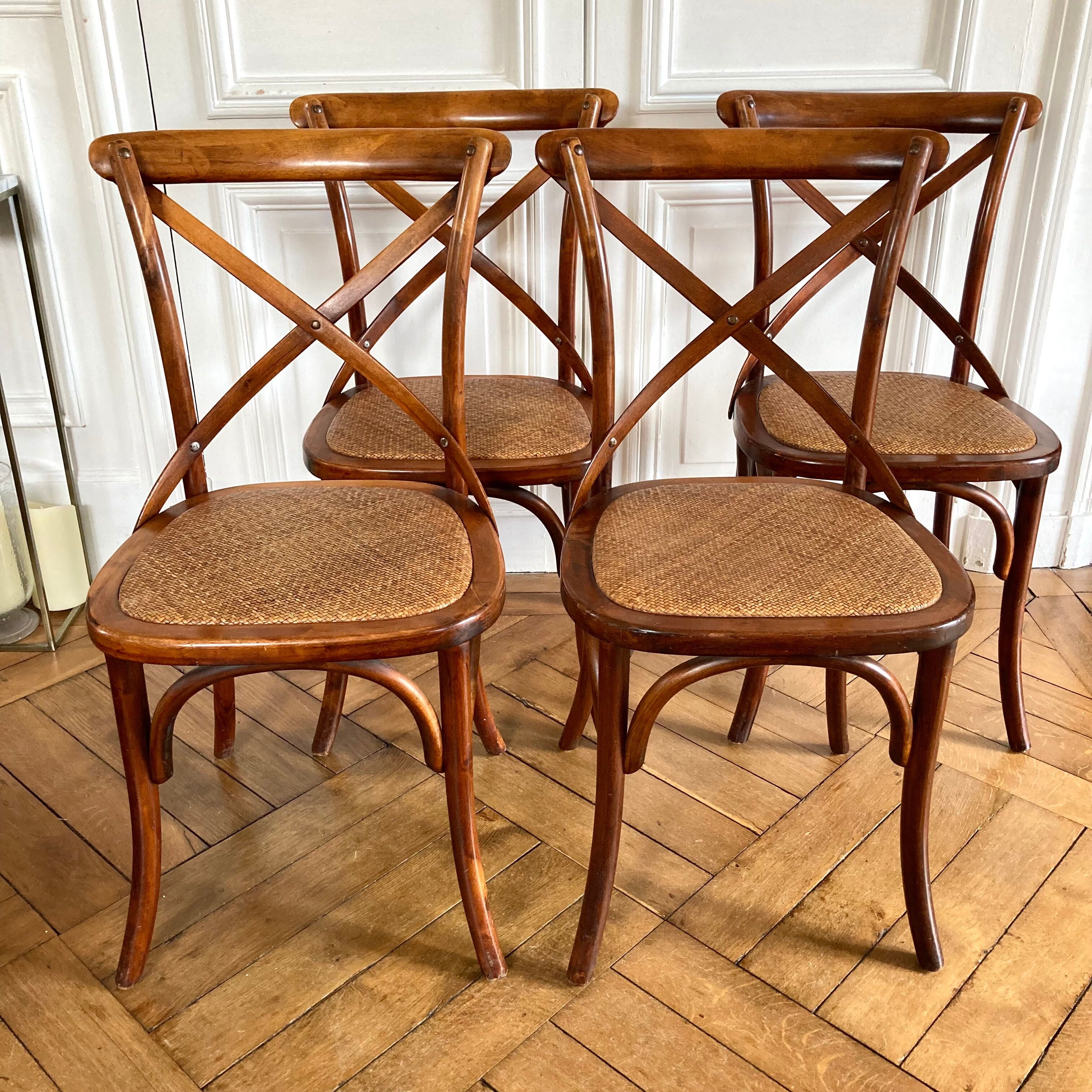 4 chaises bois et cannage style bistrot