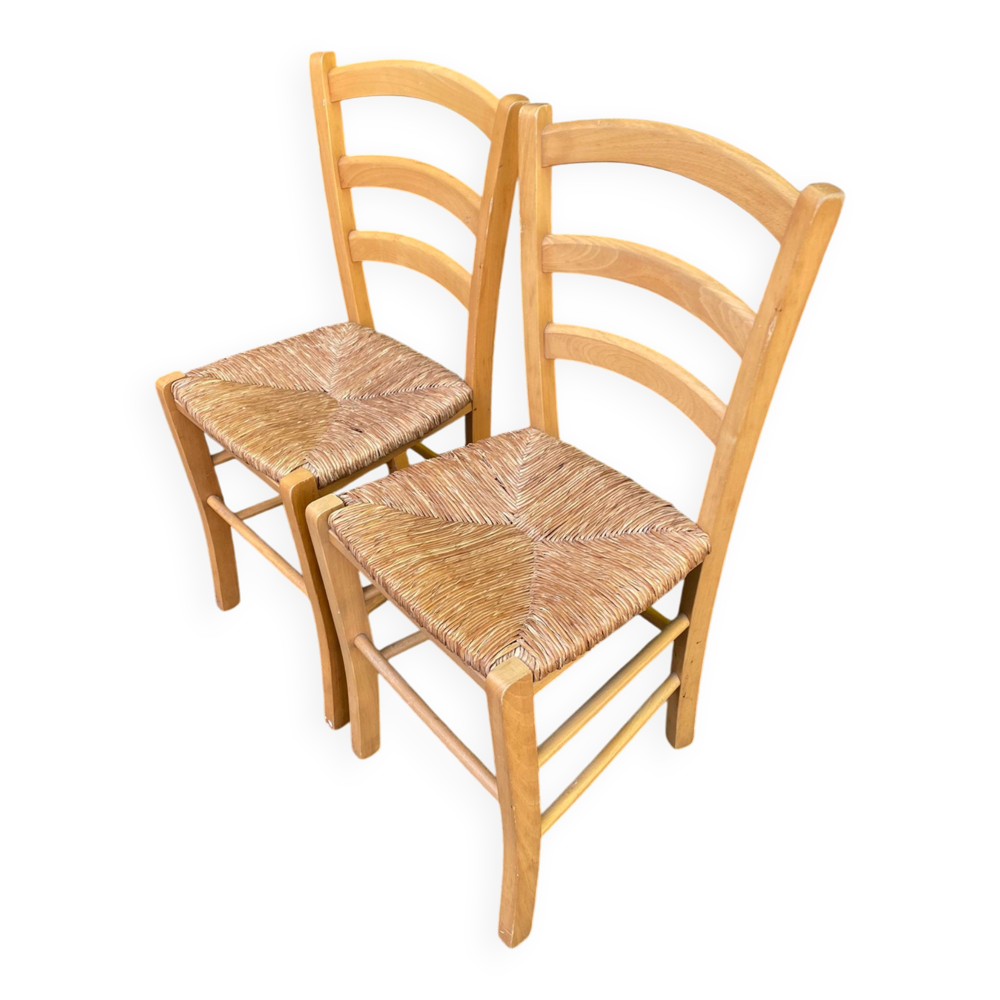 2 chaises de cuisine en bois massif et paille de style campagnard