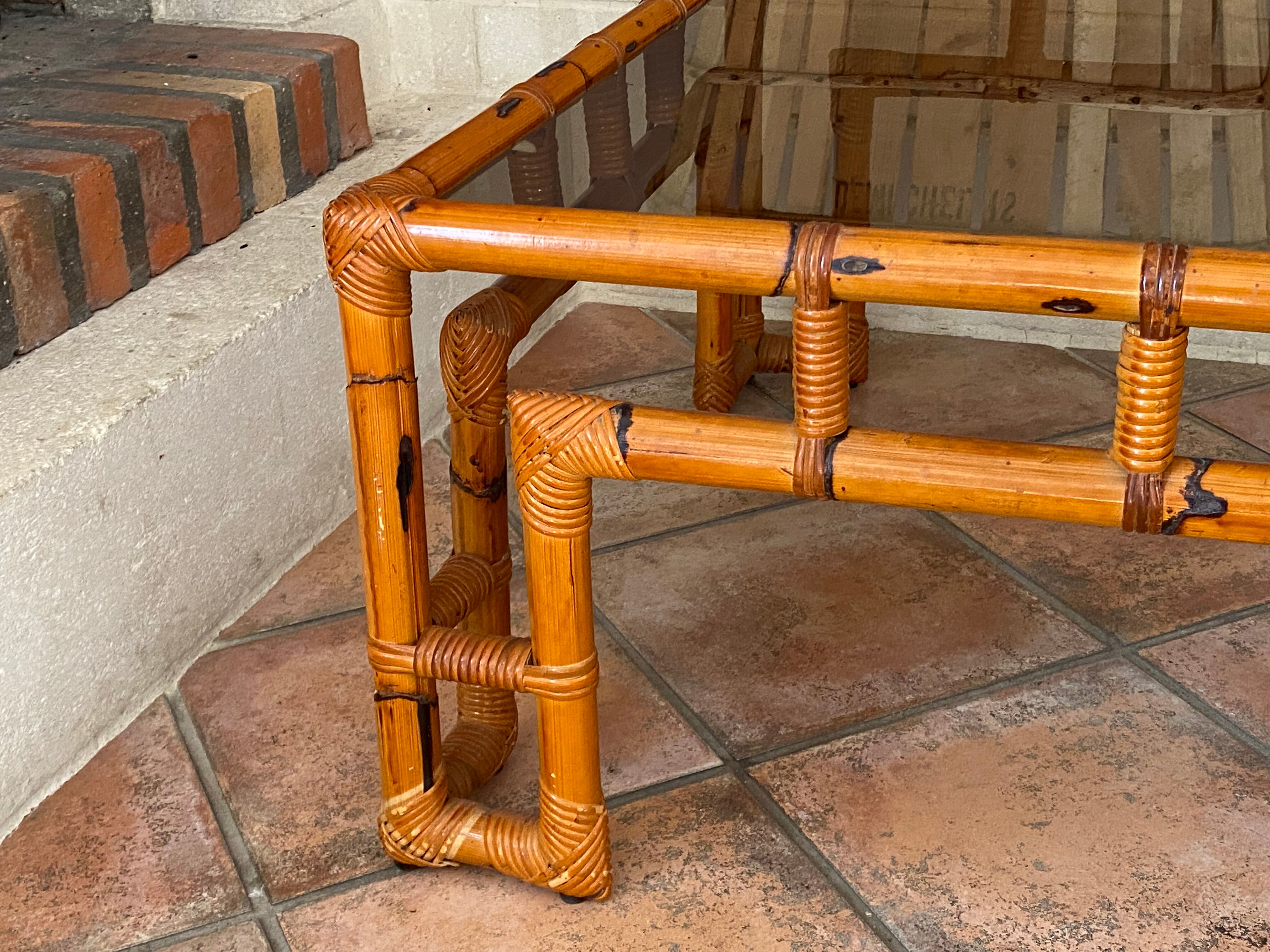 Coffee table Roche Bobois, 1970, rattan and smoked glass