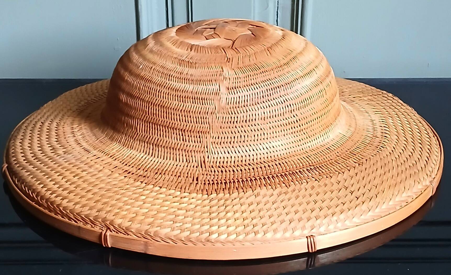 Traditional Asian/colonial woven straw hat, bamboo & caning