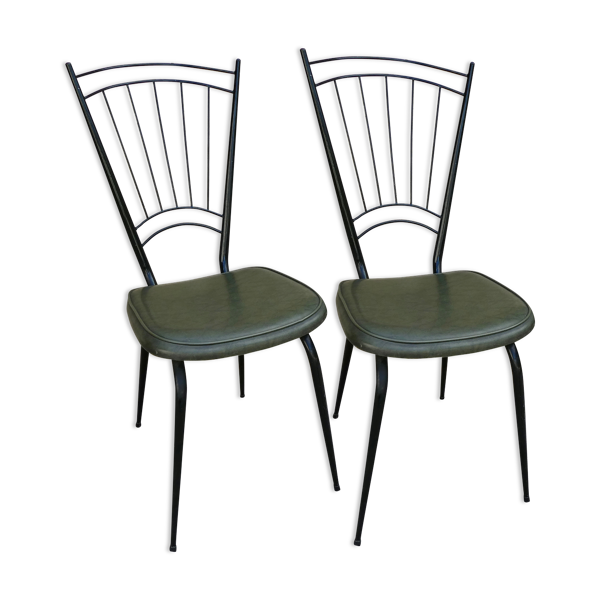Pair of black metal chairs and khaki green skai, 60s | Selency