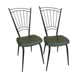 Pair of black metal chairs and khaki green skai, 60s
