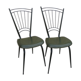 Pair of black metal chairs and khaki green skai, 60s