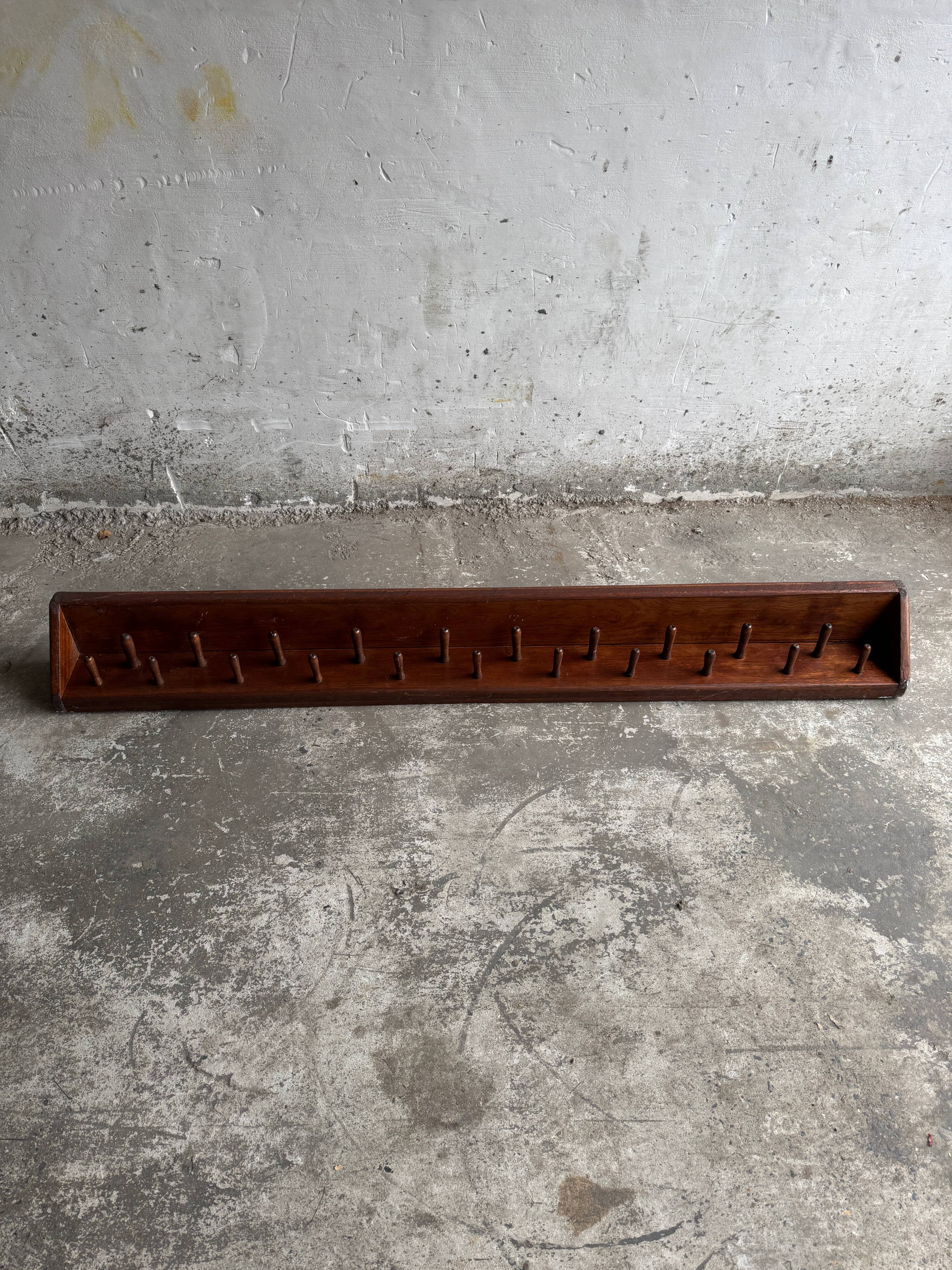 Extra-Long Solid Wood Wall Coat Rack, Walnut Brown, 20 Pegs — Mid-Century Vintage