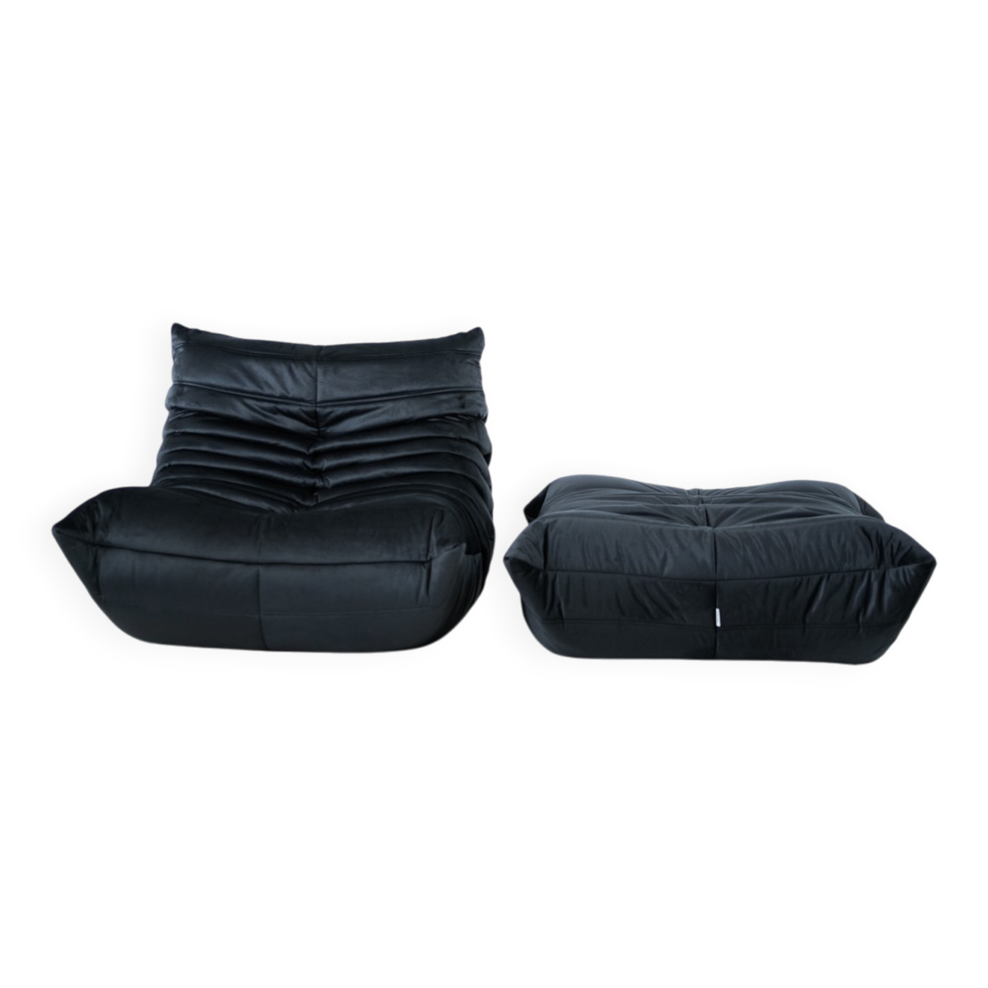 Ensemble de chaise et pouf Togo en velours noir brillant