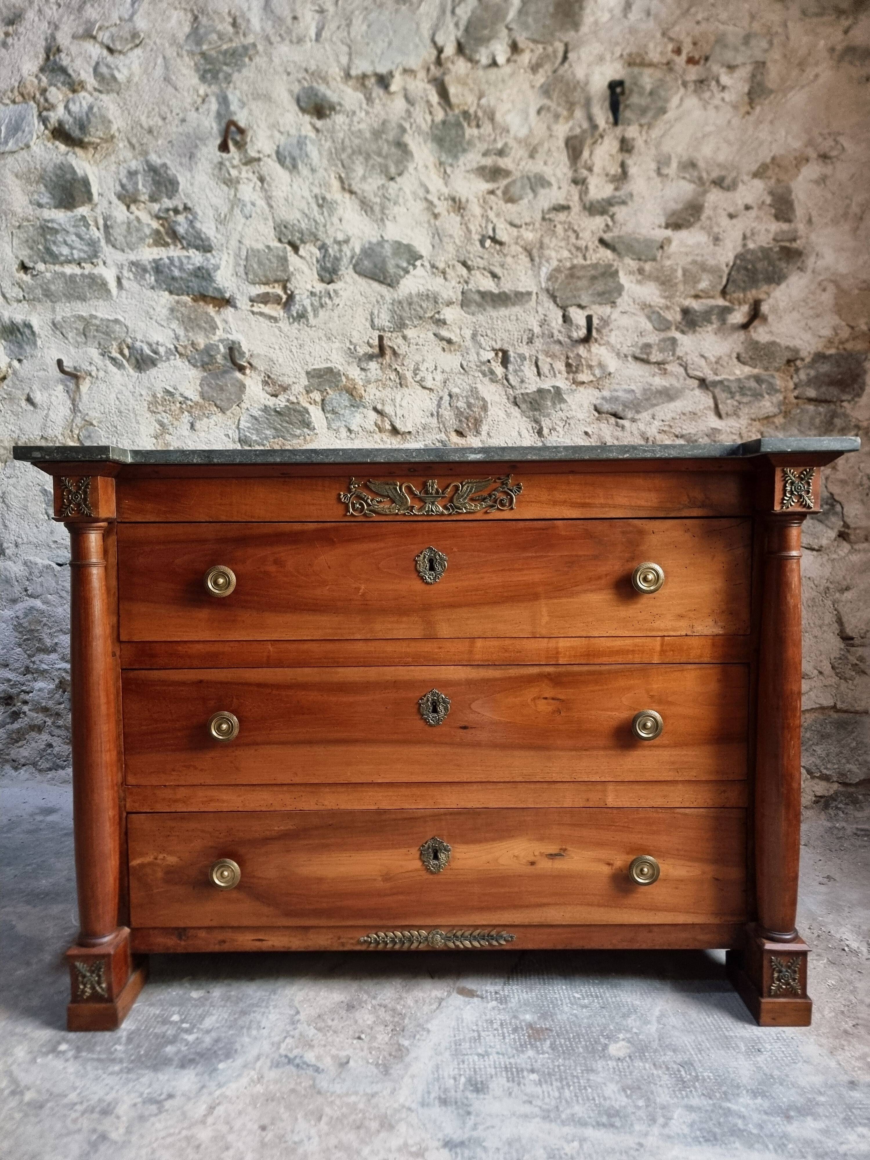 Antique commode, walnut and oak, marble top, 3 drawers, France circa 1820–1850.