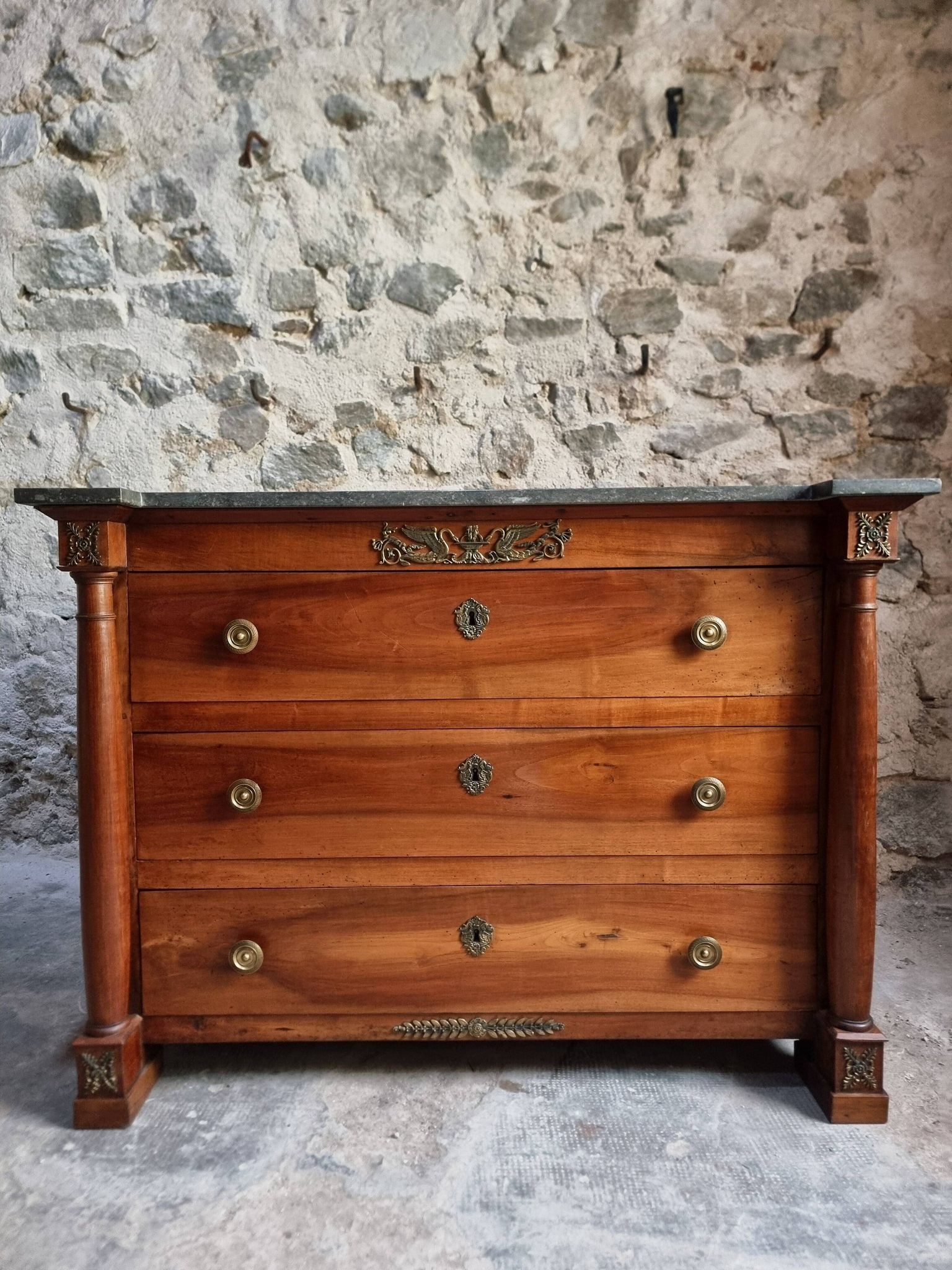 Antique commode, walnut and oak, marble top, 3 drawers, France circa 1820–1850.