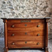 Antique commode, walnut and oak, marble top, 3 drawers, France circa 1820–1850.
