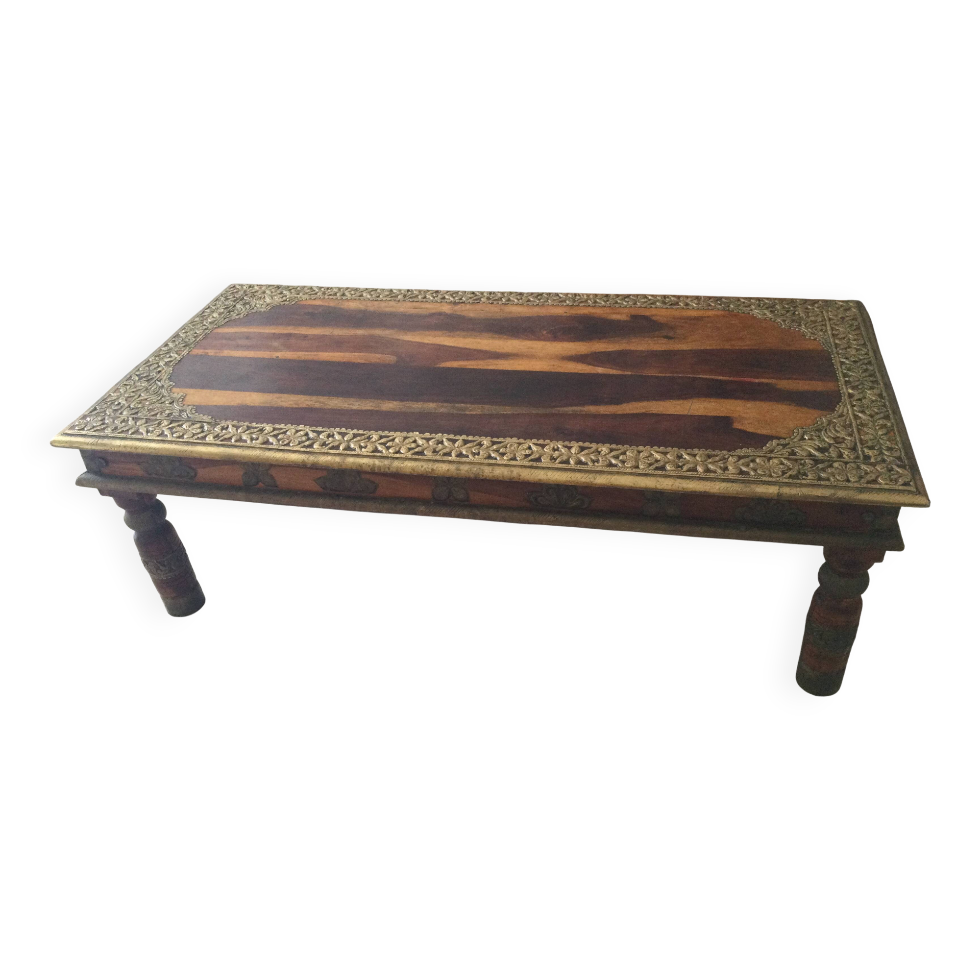 Large vintage Indian coffee table made of solid sheesham wood and brass.