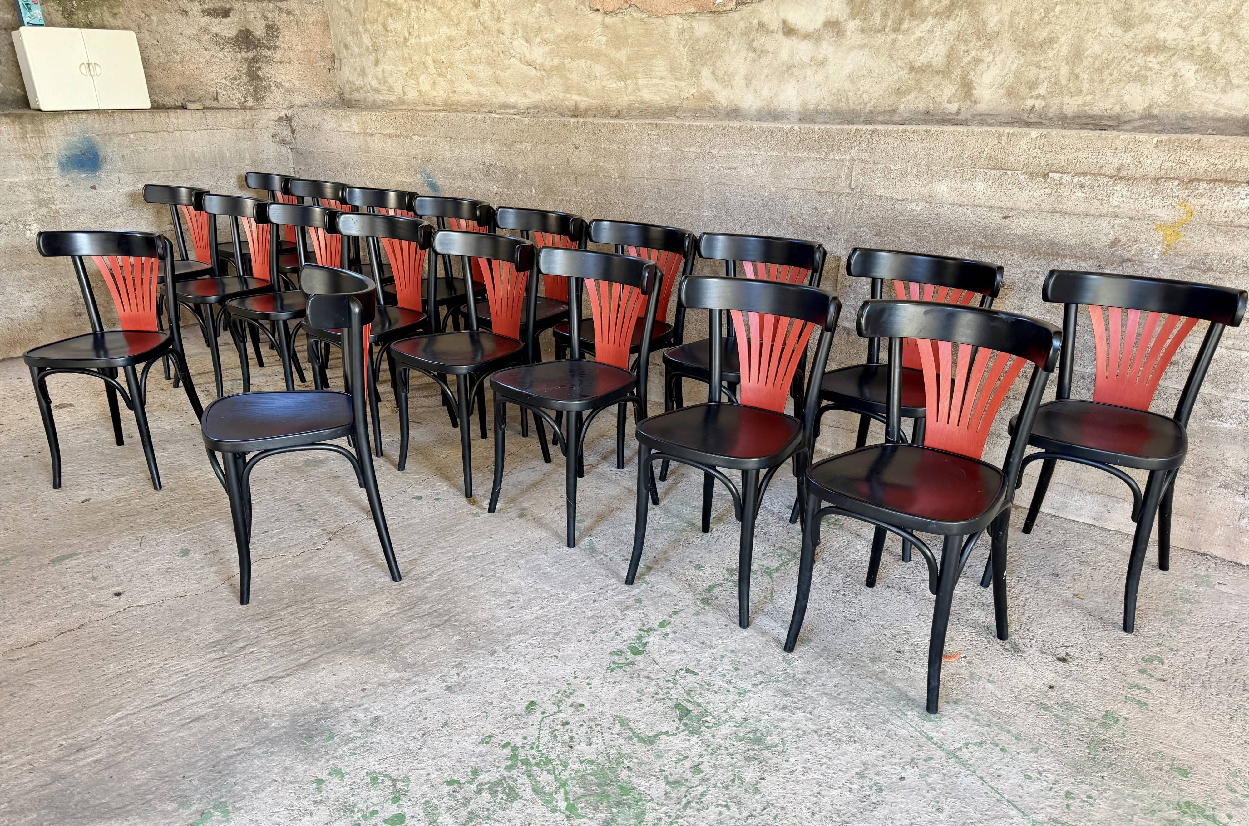Set of 27 black and red bistro chairs – All wood