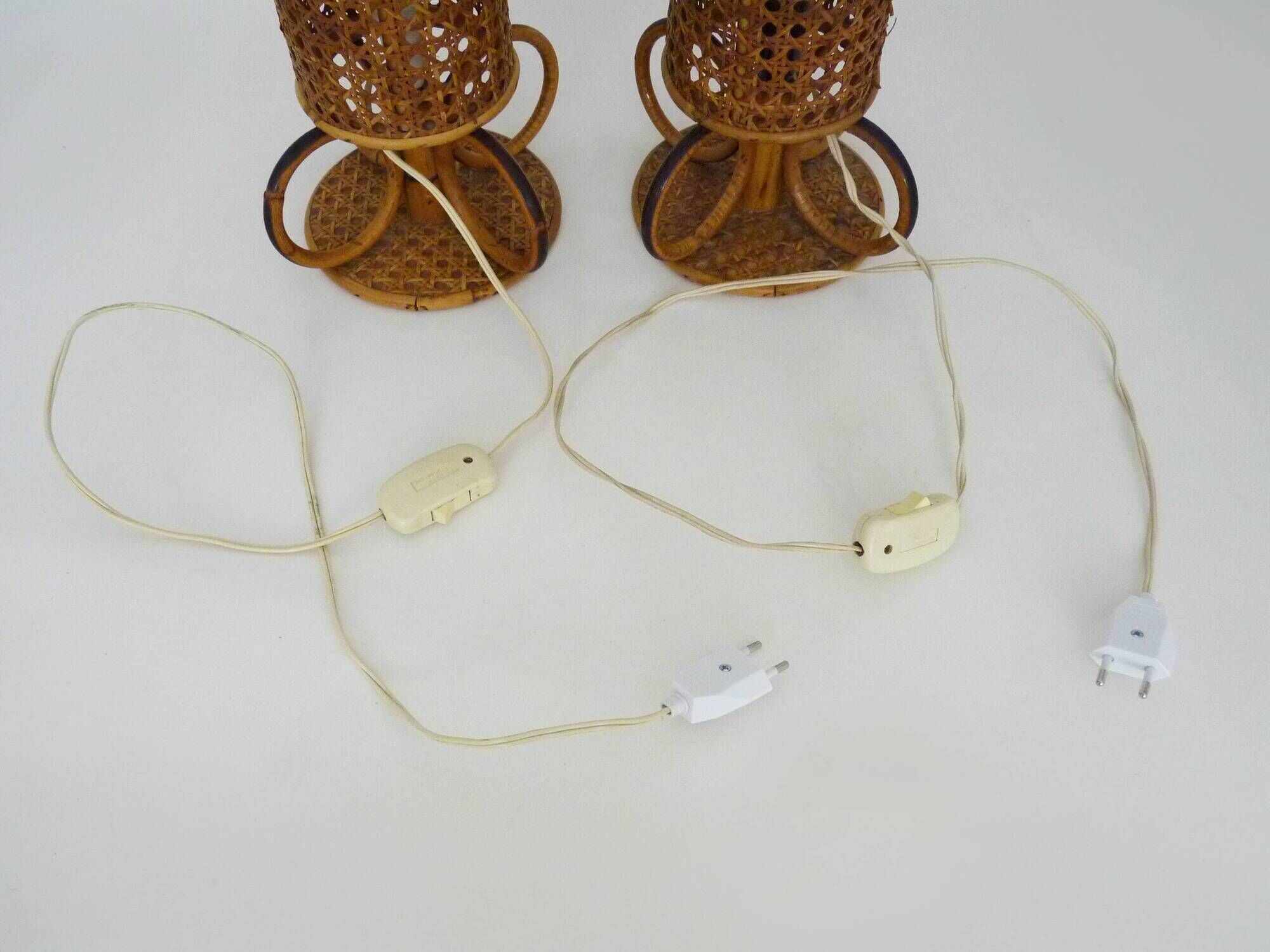 Pair of bamboo rattan caned lamps. Italy 1950s 60s.