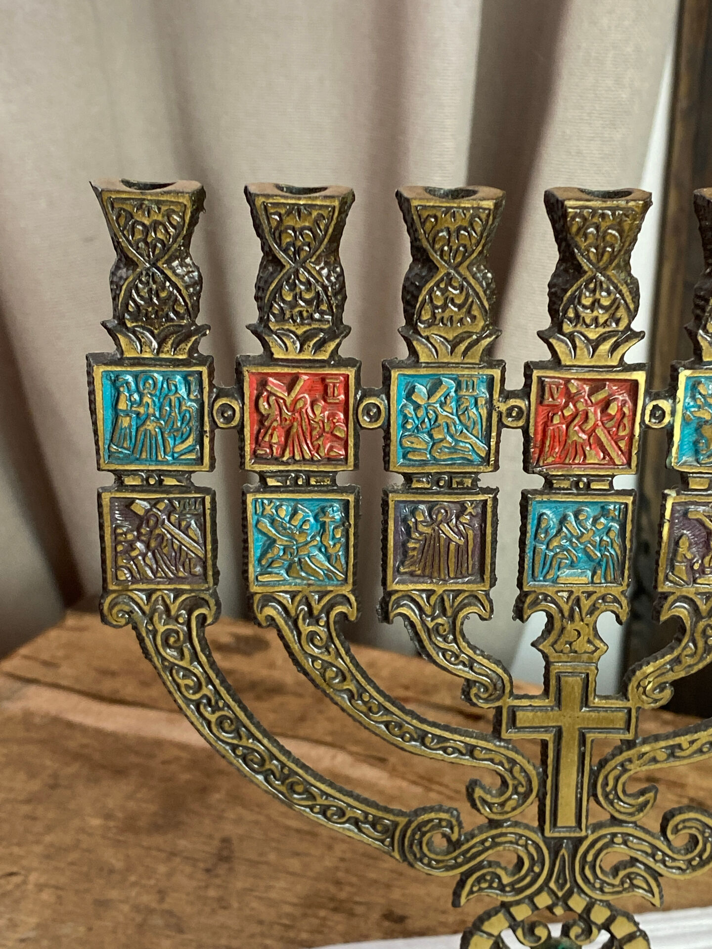 Seven-branched candelabrum, Judeo-Christian, brass and enamel