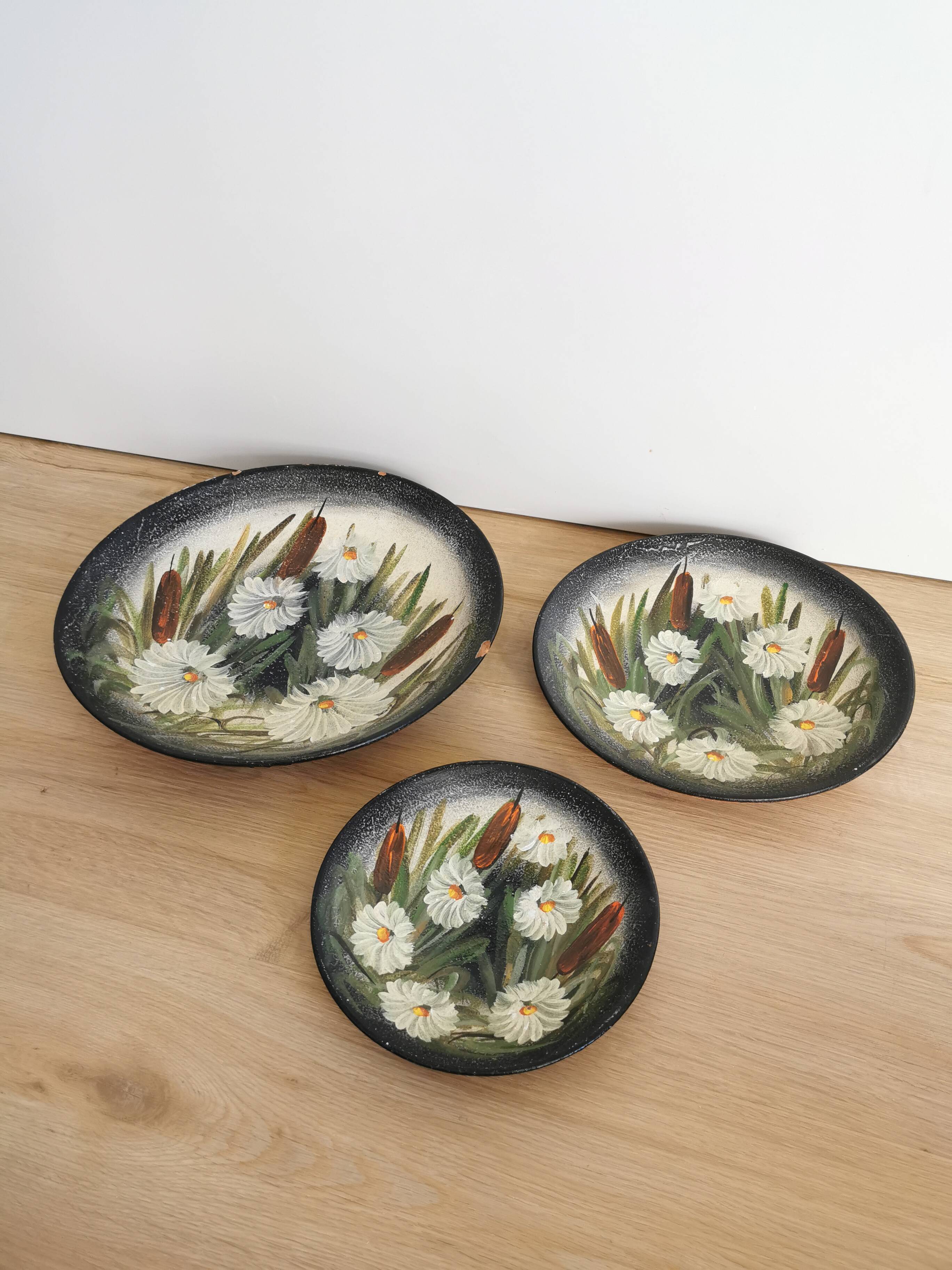 Vintage Hand-Painted Clay Plates: 1970s Yugoslavian Floral Wall Decor