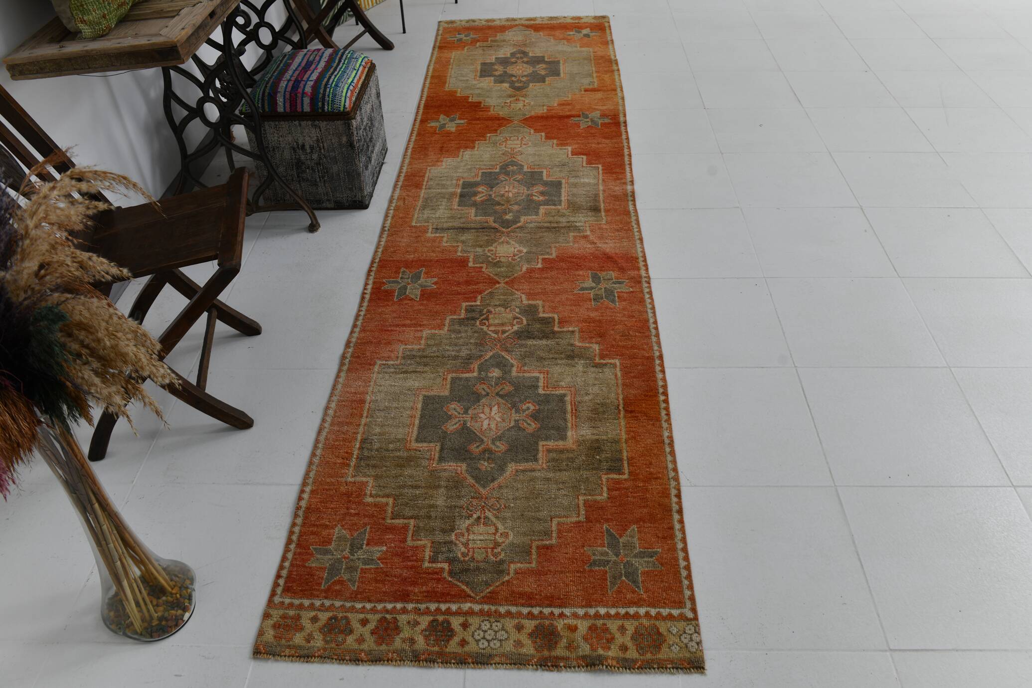 3x12 shades of brunt orange oushak runner rug