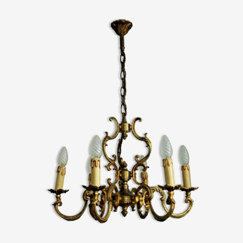 Vintage Français Grand Bronze Lourd 6 Cage Légère Acanthus Feuille Lustre