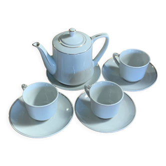 Tea or white coffee set 3 cups 4 under cups and a teapot or coffee maker