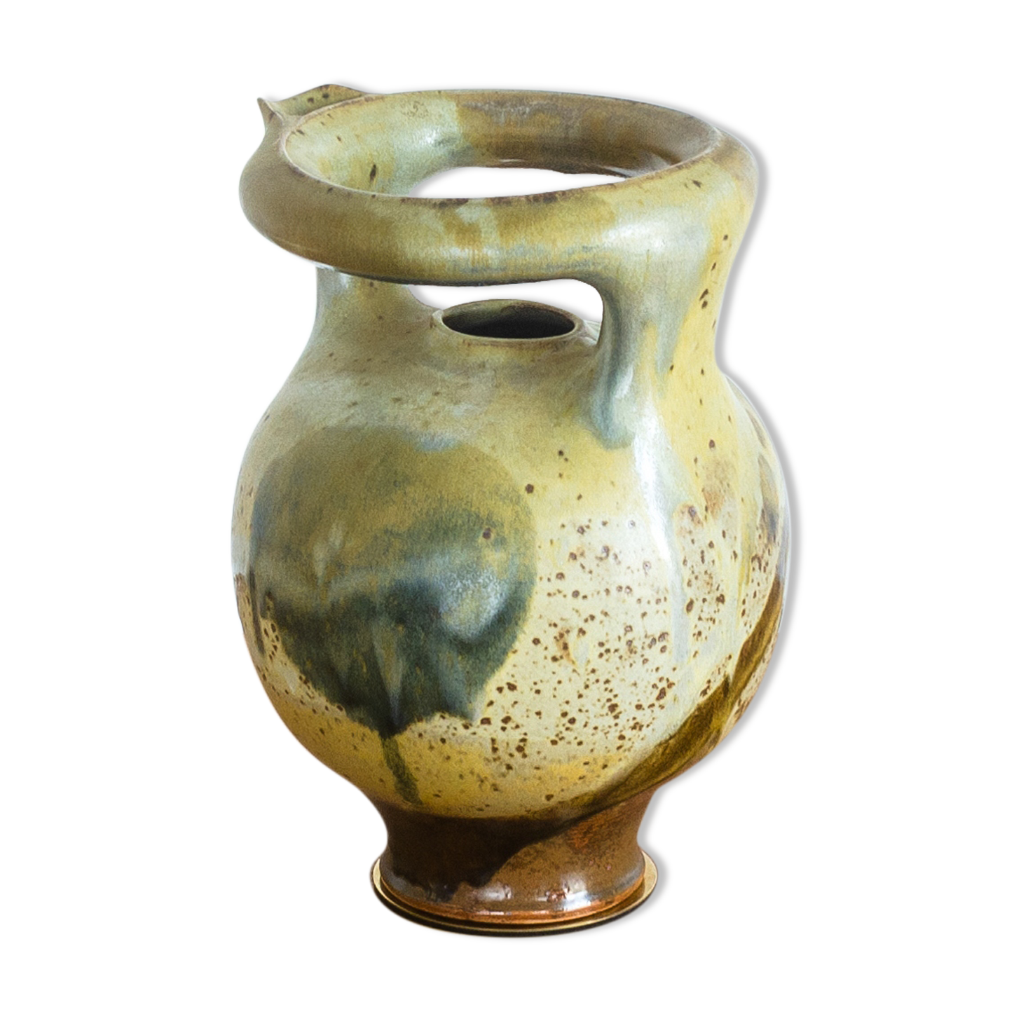 Green enamelled circular sandstone amphorae - Work Francais - Circa 1960