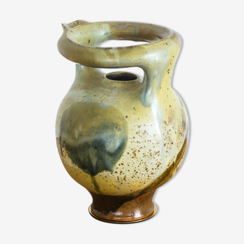 Green enamelled circular sandstone amphorae - Work Francais - Circa 1960