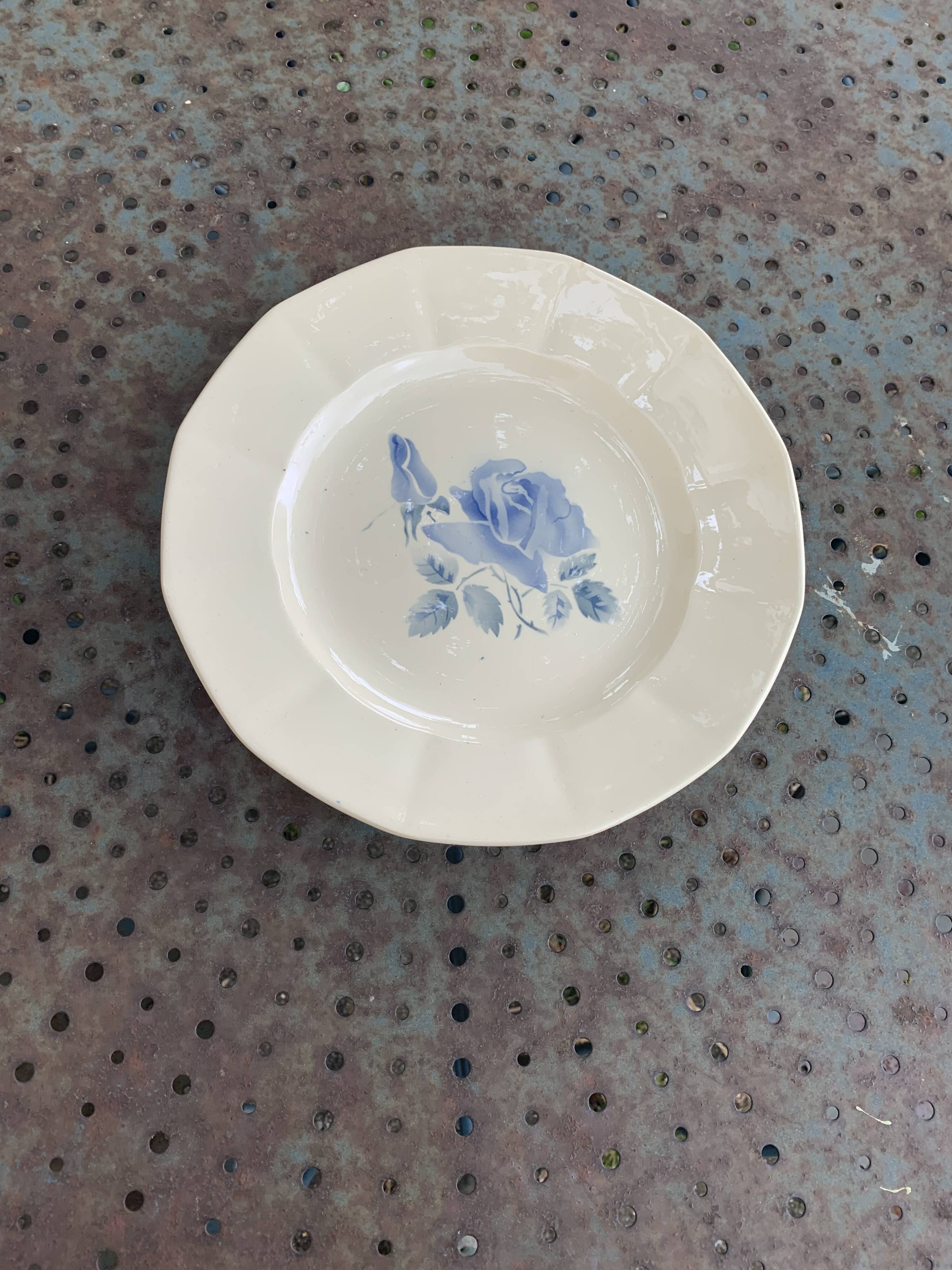 Digoin France cake dish with antique blue rose pattern