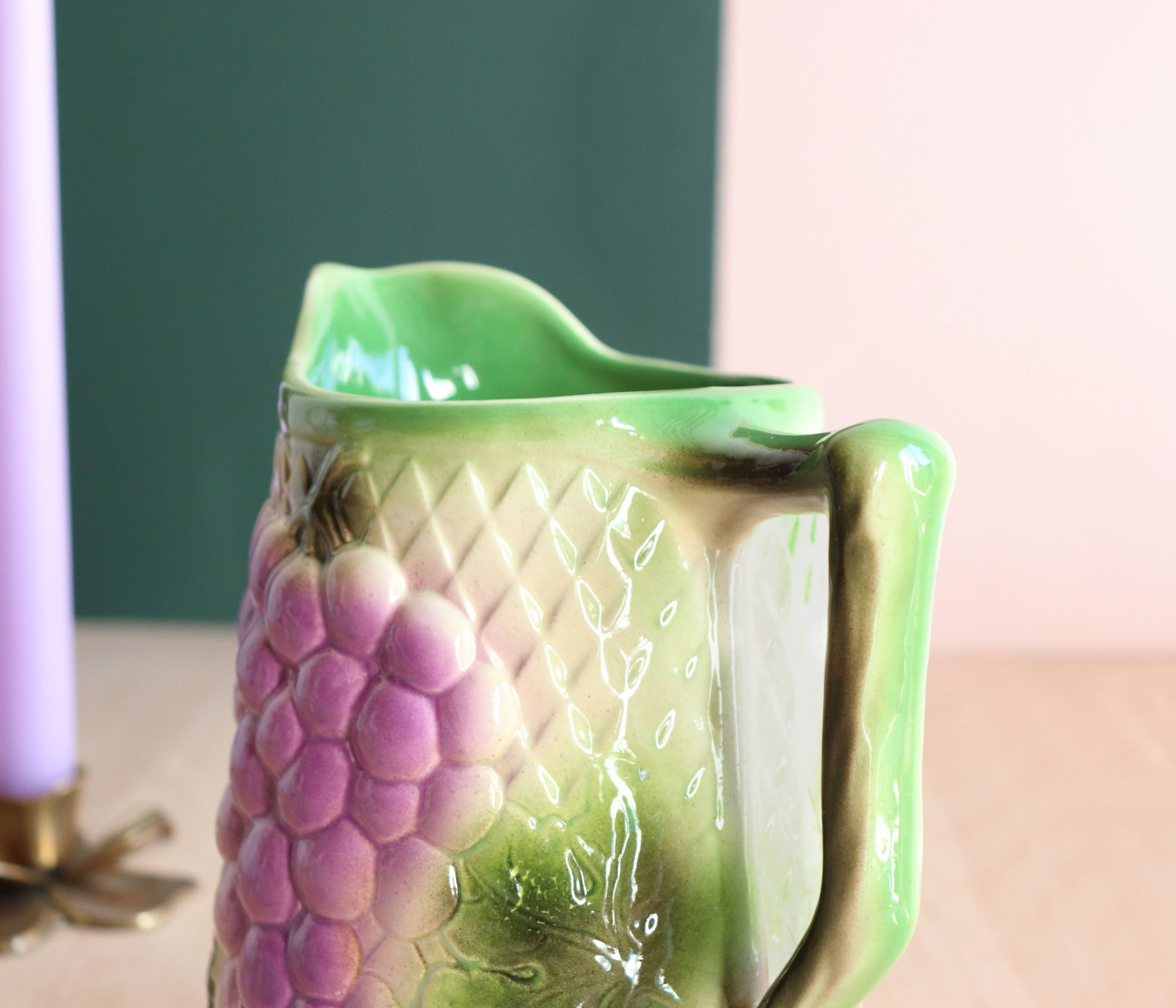 Barbotine pitcher from the 20s/30s with vine and grape decoration, Saint-Clément earthenware factory