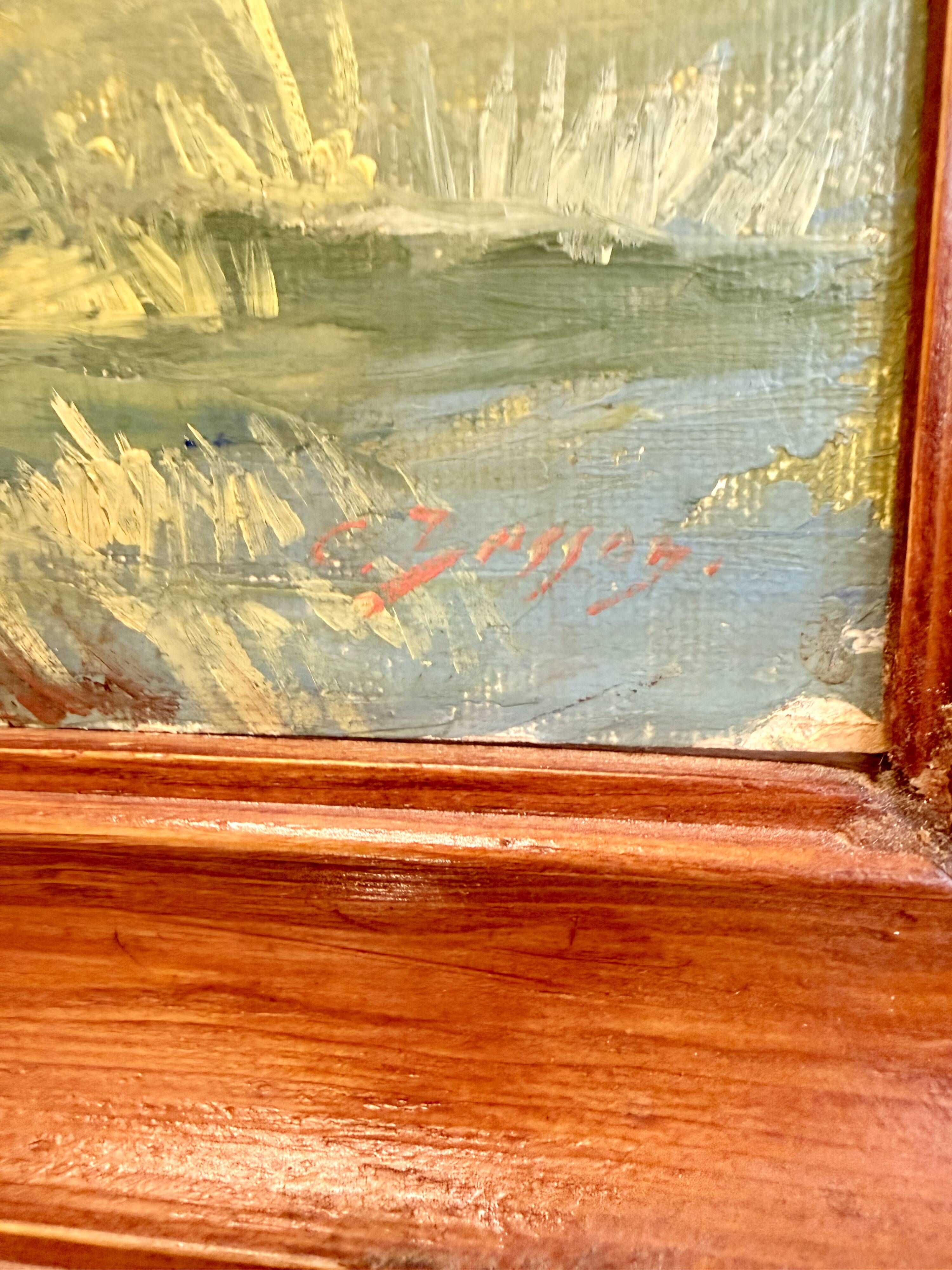 Ancienne huile sur panneau – Chapelle au bord d’un lac