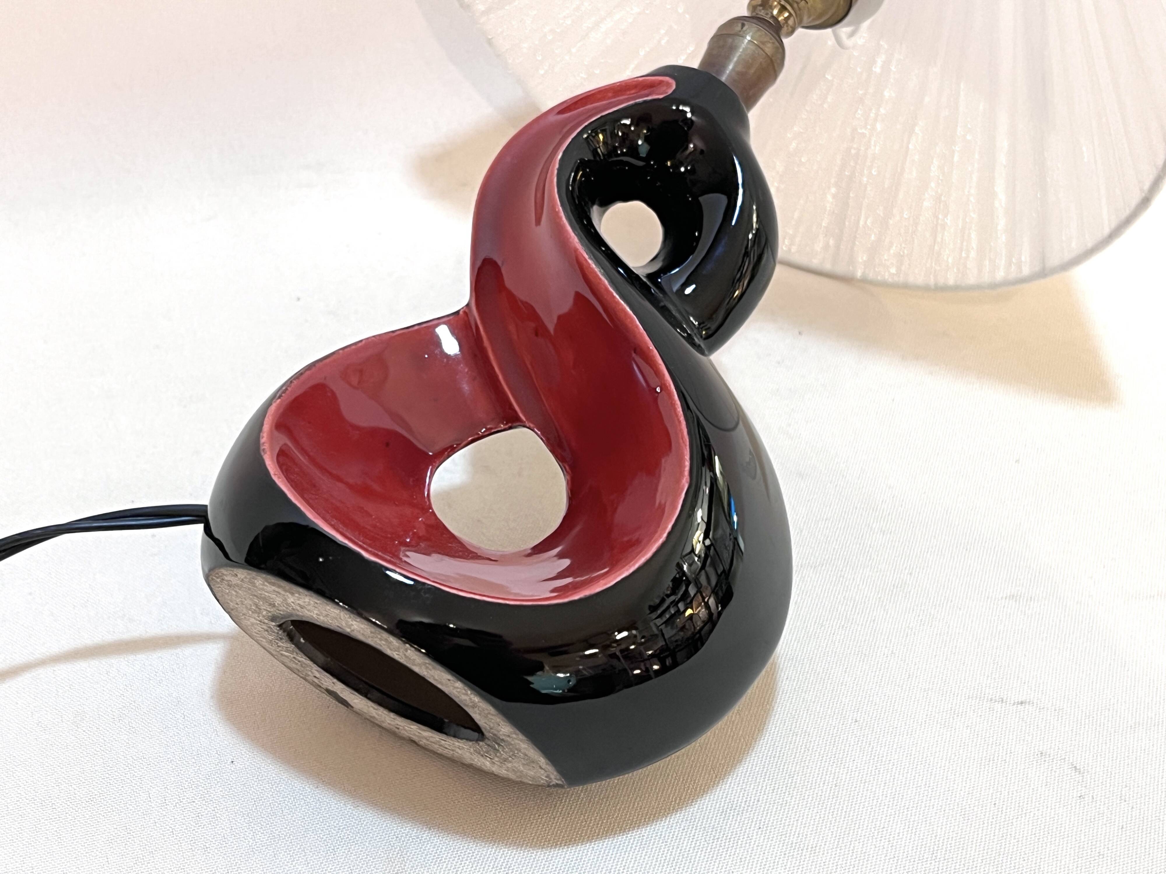 Red and black ceramic bedside lamp 8 Vallauris 50s 1950 vintage