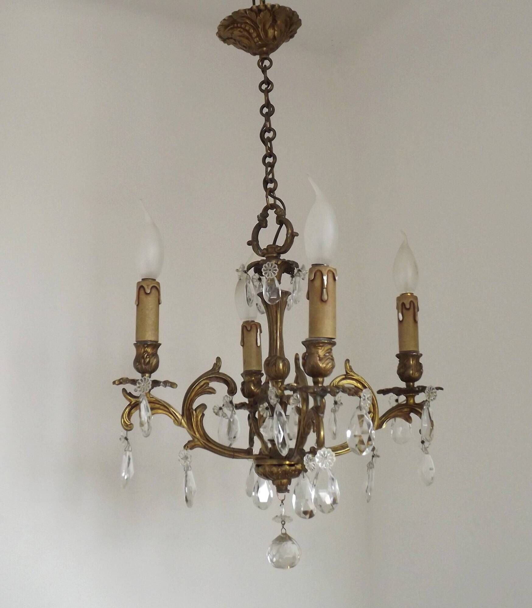 French Vintage Bronze and Glass 4 Light Art Nouveau Crystal Chandelier