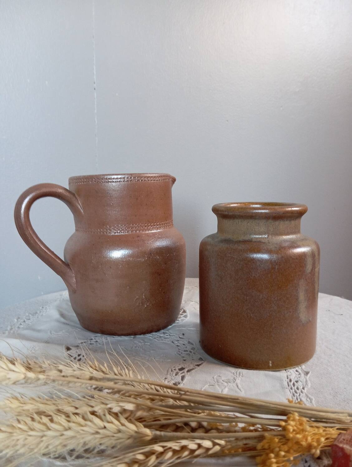 Duo of stoneware ceramic, pitcher and pot, vintage