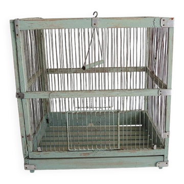 Ancienne cage à oiseaux en bois & métal vert d’eau