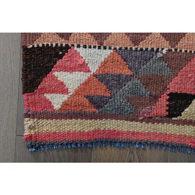 1970s Vintage Turkish Handmade Wool & Cotton Pink Runner Rug 101x318