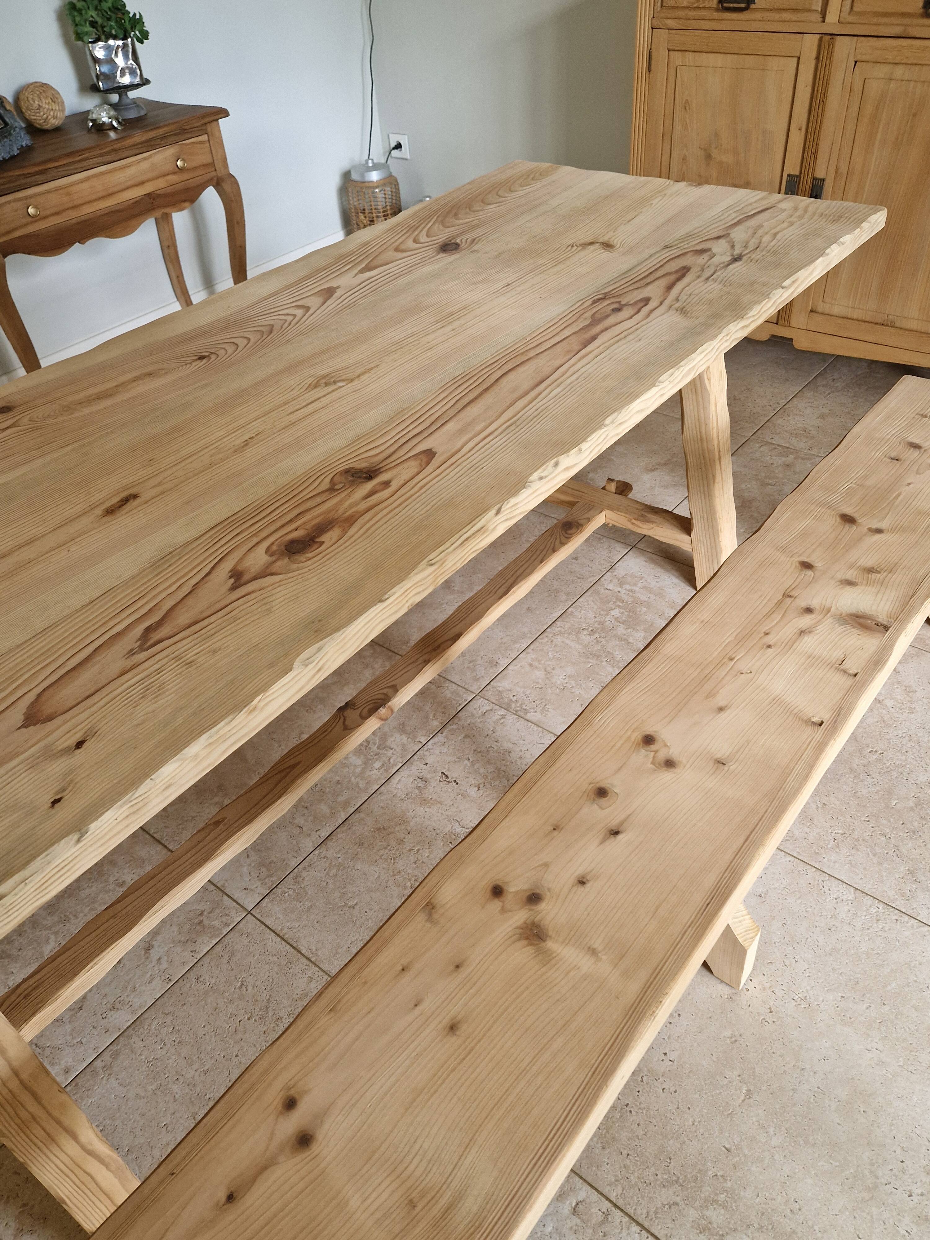 farm table and wooden benches