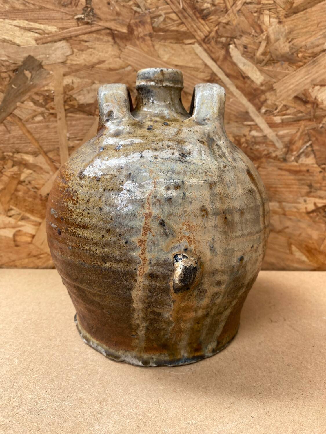 Antique oil jug jar double handle glazed stoneware grey vintage