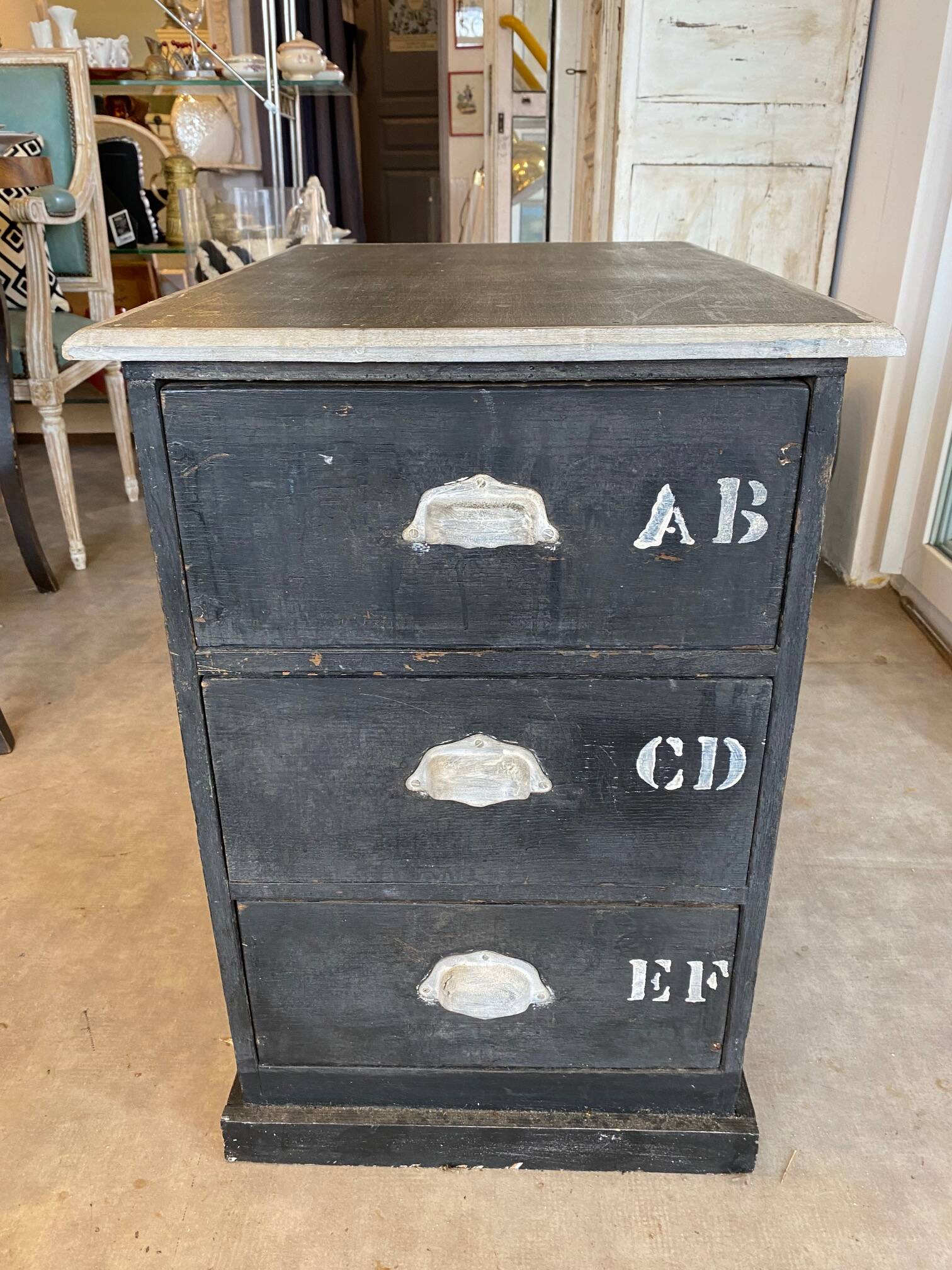 Antique professional furniture in patinated wood with 3 administration locker drawers