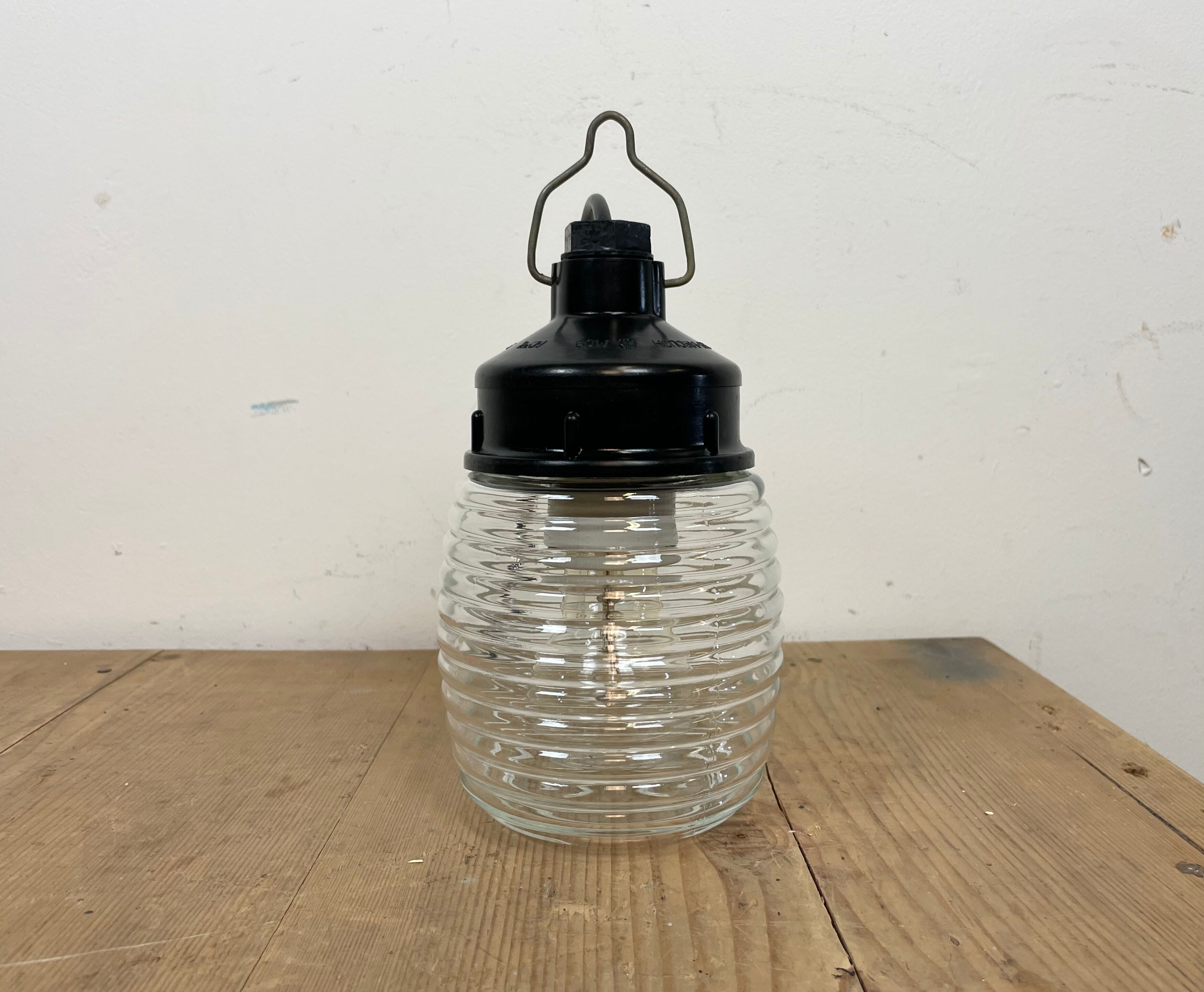 Industrial Bakelite Pendant Light with Ribbed Glass, 1970s