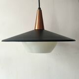 Scandinavian suspension in black metal, copper, and opal glass, 1970s design.