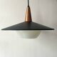 Scandinavian suspension in black metal, copper, and opal glass, 1970s design.