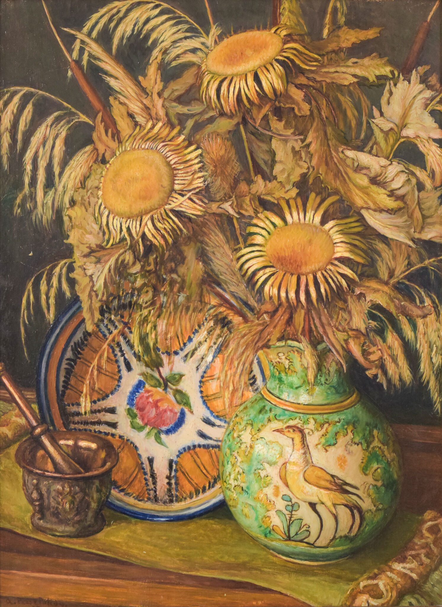 Still life with sunflowers and majolica jug