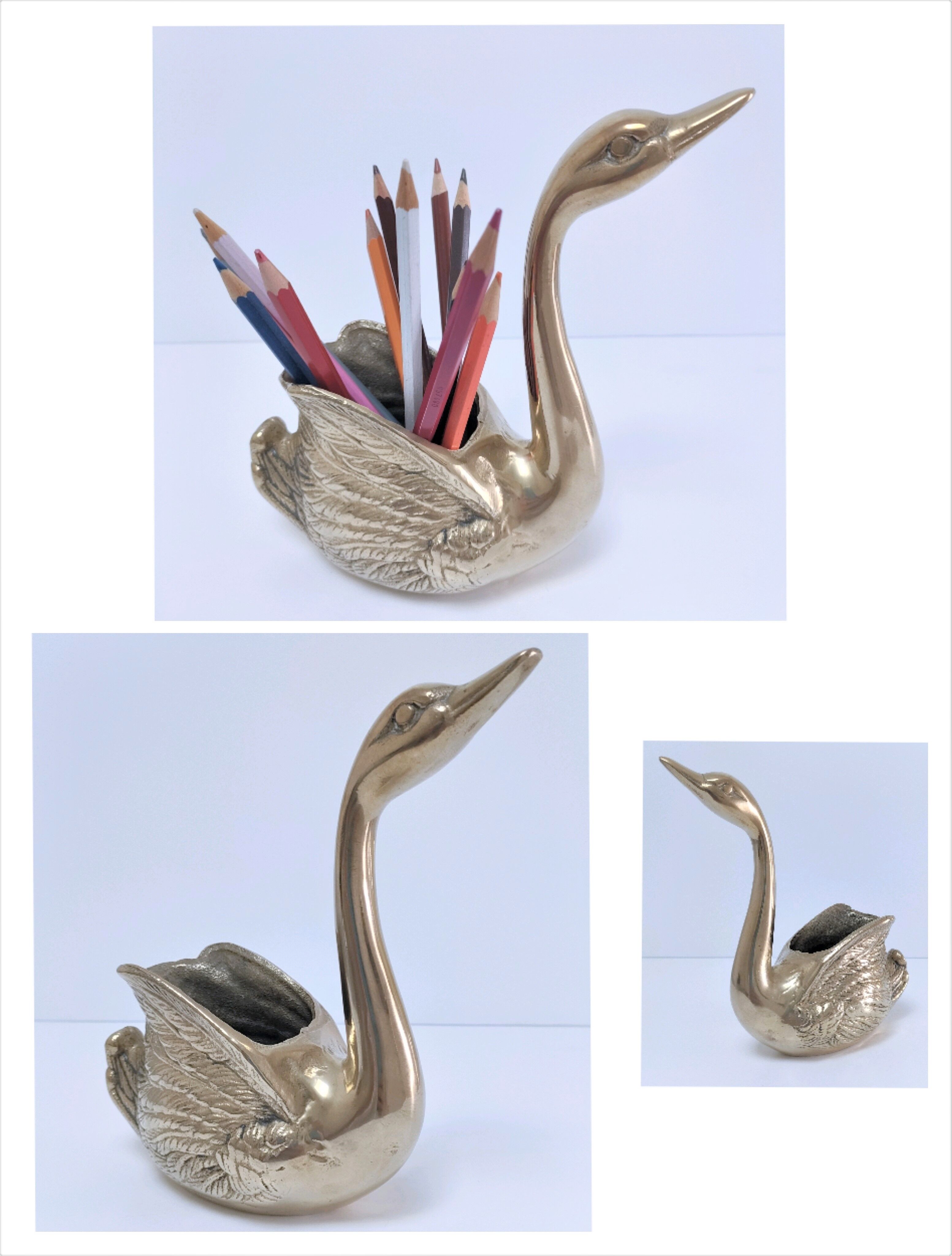 Zoomorphic solid brass swan pen holder