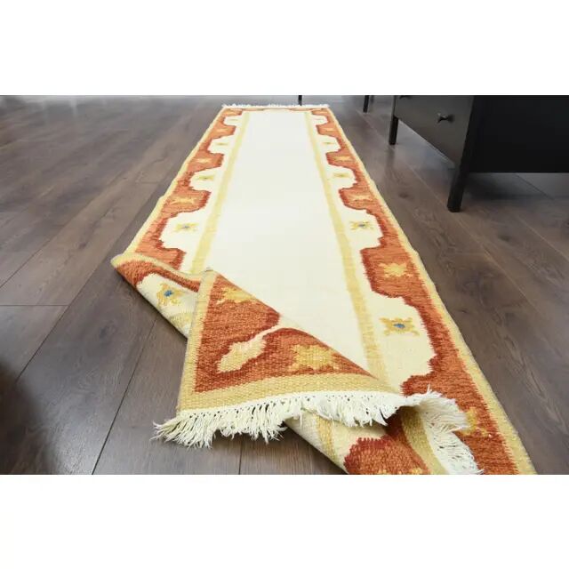 1970s Vintage Turkish Oushak Handmade Wool Cotton Beige Runner Rug 73x289