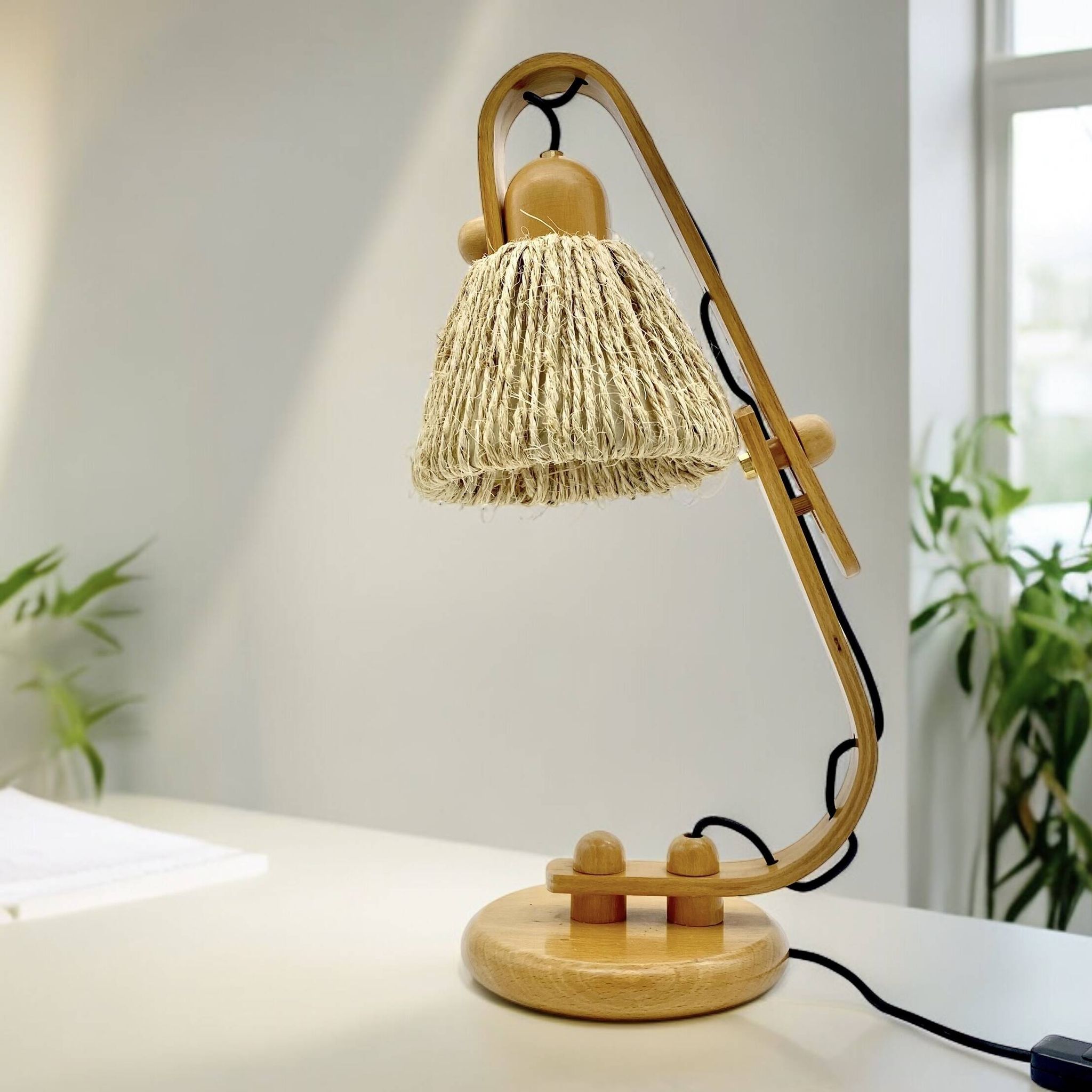 Articulated lamp in wood and rope, 1970s