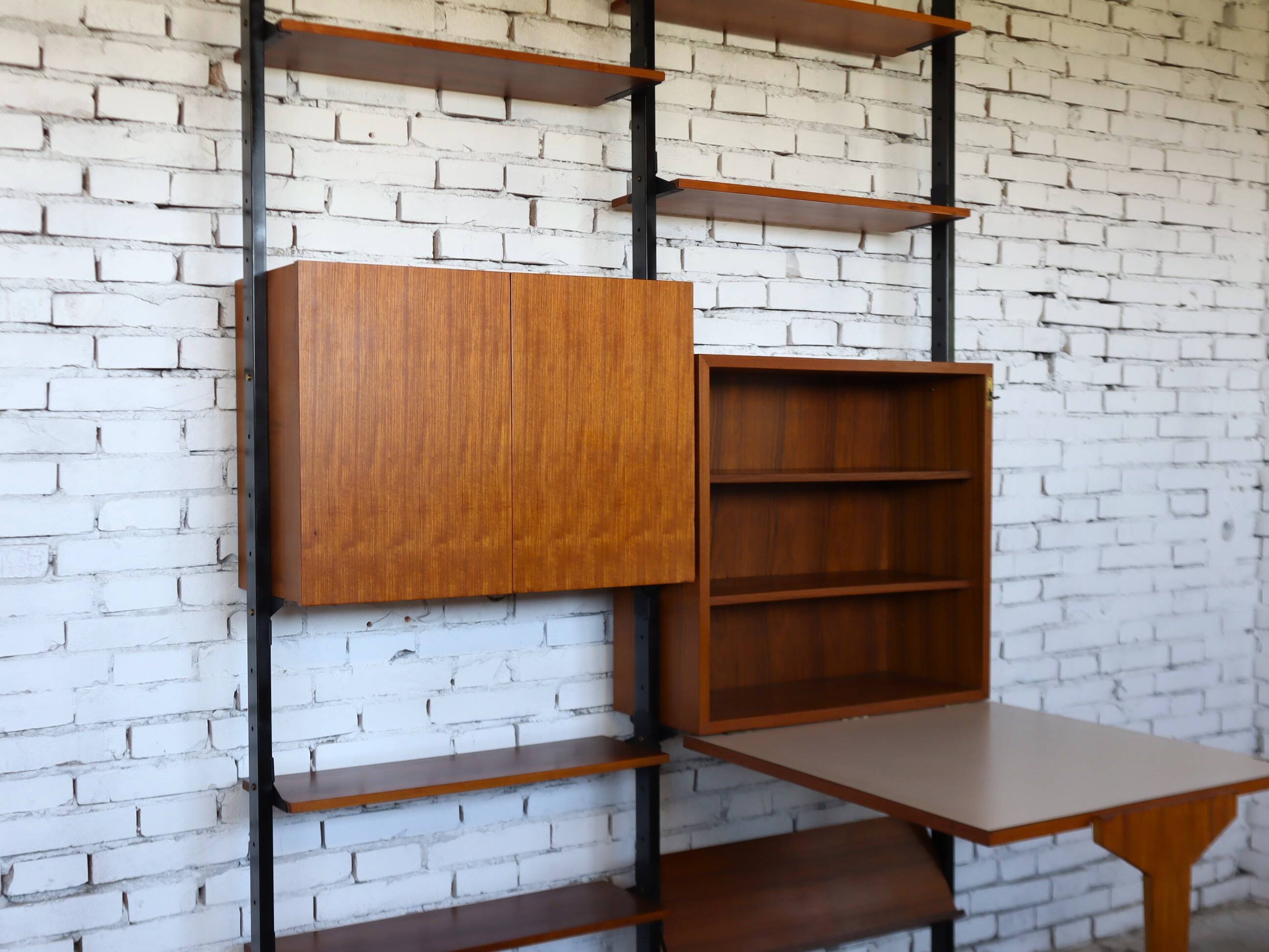 1950s mid-century wall unit teak and iron folding desk & cabinet module