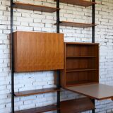 1950s mid-century wall unit teak and iron folding desk & cabinet module