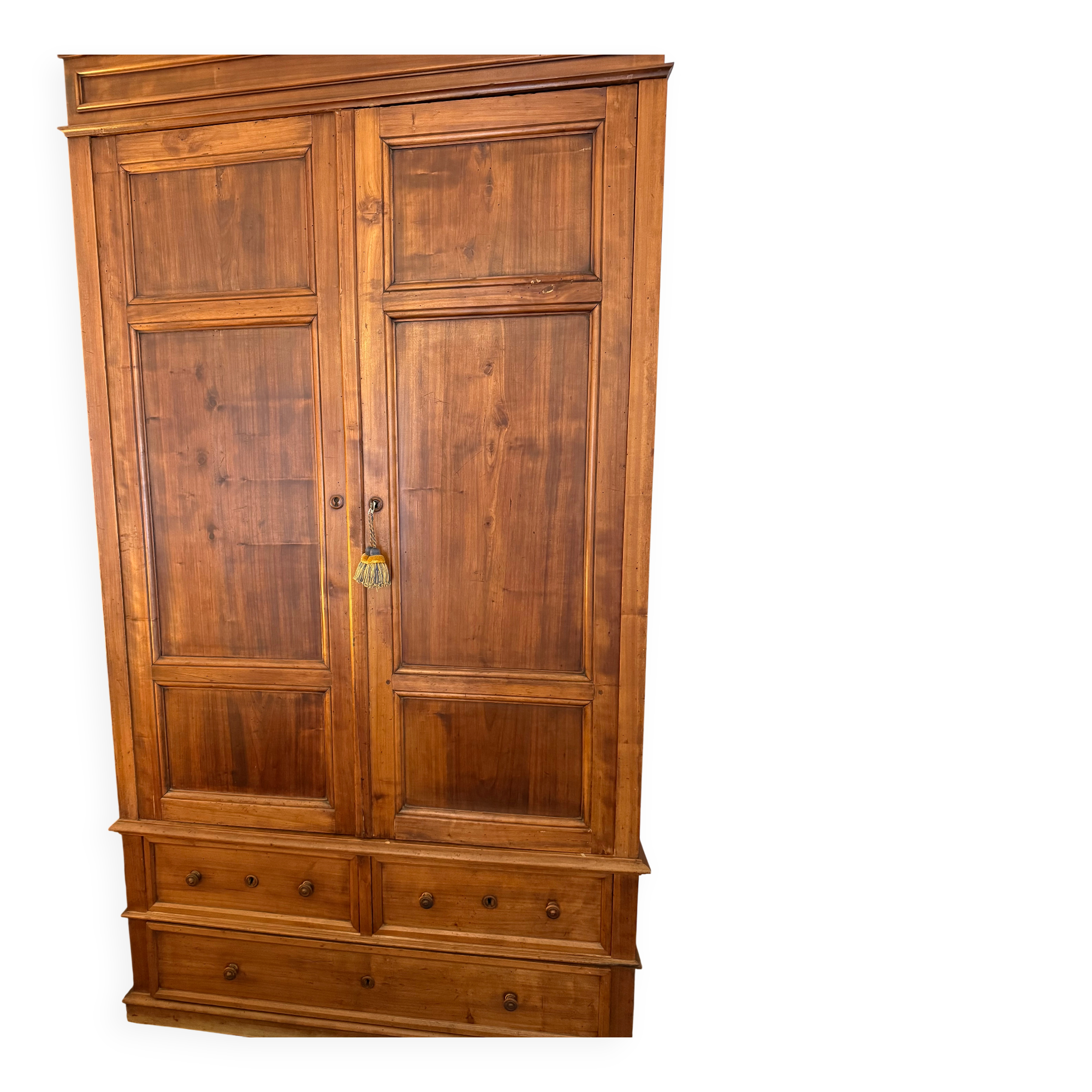 Antique solid wood wardrobe, rustic, with drawers and original key.