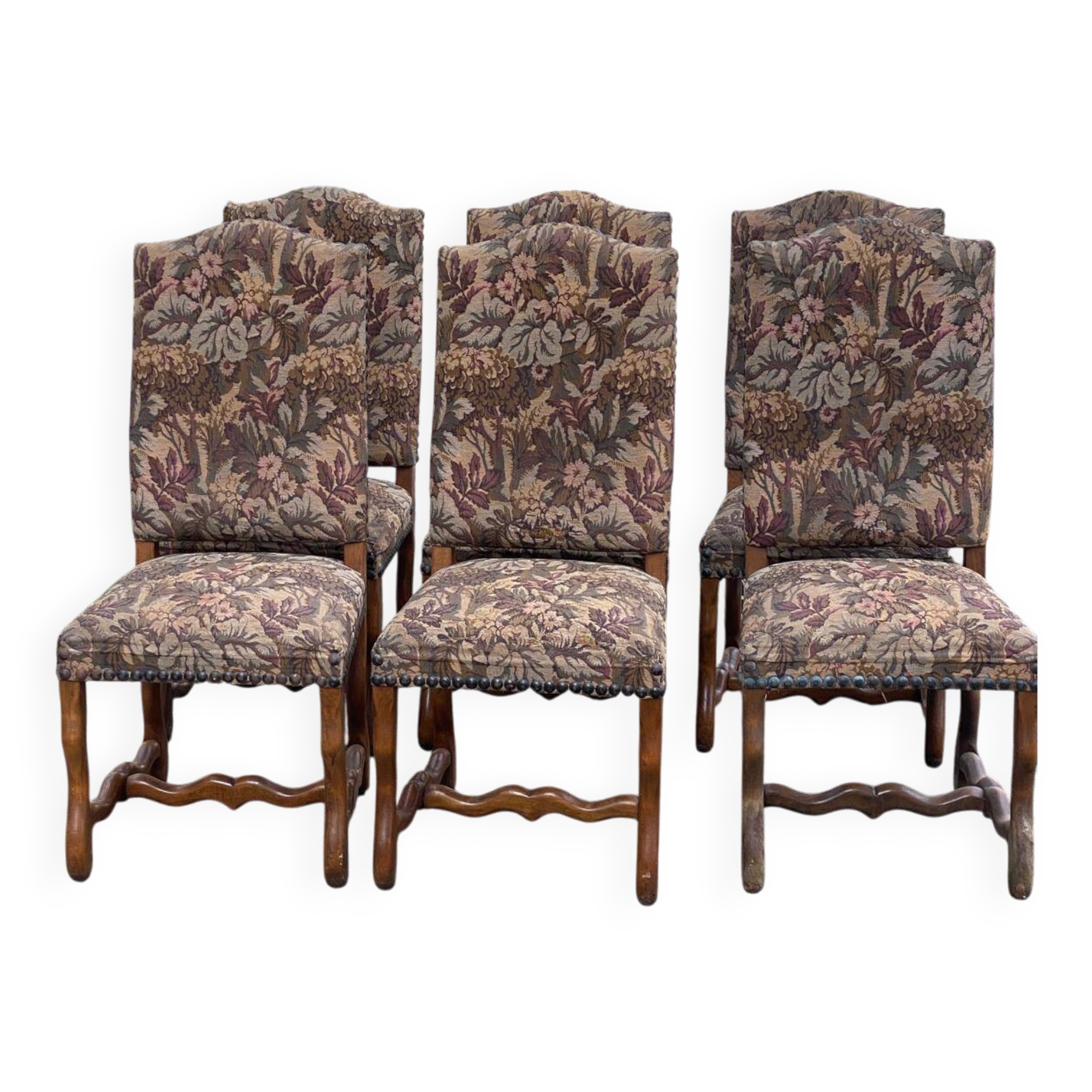 6 Louis XIV chairs made of solid wood with sheep bone and 19th-century floral fabric.