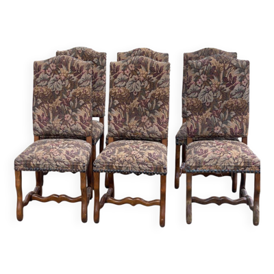 6 chaises Louis XIV bois massif os de mouton et tissu fleurs du 19ème
