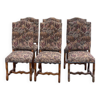 6 Louis XIV chairs made of solid wood with sheep bone and 19th-century floral fabric.